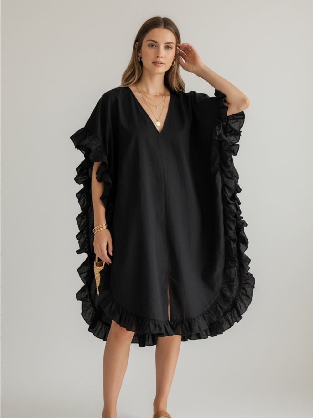 Quiet Culture Ruffle Caftan Mini Dress S/M Cotton Resort Whimsigoth Witchy Chic
